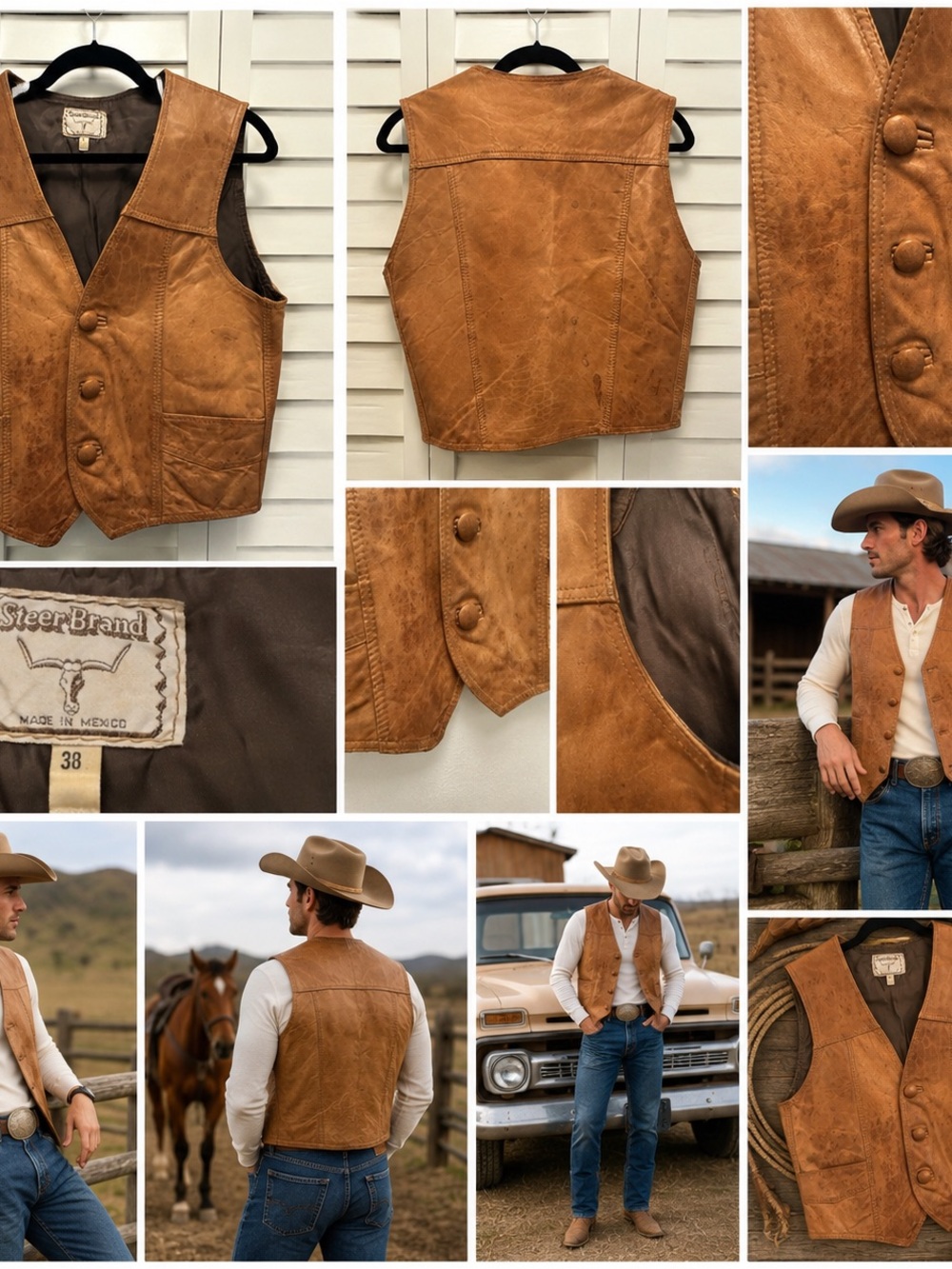 Vintage Steer Brand Leather Vest 38 Brown Patina Western Cowboy Ranch 70s 80s